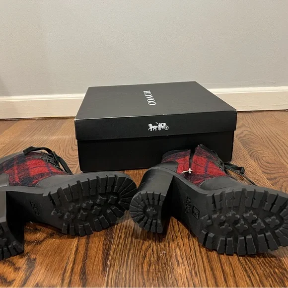 Coach Women's Plaid Lace-Up Boots in Black and Red - Picture 3 of 8